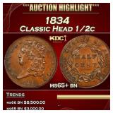 1834 Classic Head half cent 1/2c ms65+ bn SEGS