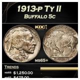 1913-p Ty II Buffalo Nickel 5c Grades ms65+