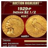 1929-p Gold Indian Quarter Eagle $2 1/2 ms65+ SEGS