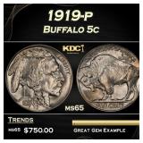 1919-p Buffalo Nickel 5c Grades ms65