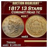 1817 13 Stars Coronet Head Large Cent 1c ms63 USCG