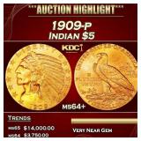 1909-p Gold Indian Half Eagle $5 ms64+ USCG