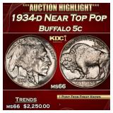 1934-d Buffalo Nickel Near Top Pop 5c ms66 SEGS