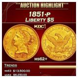 1851-p Gold Liberty Half Eagle $5 ms62+ SEGS