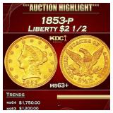 1853-p Gold Liberty Quarter Eagle $2 1/2 ms63+ USC