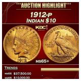 1912-p Gold Indian Eagle $10 ms65+ SEGS