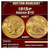 1915-p Gold Indian Eagle $10 ms65+ SEGS
