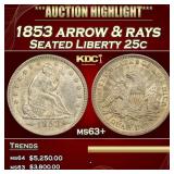 1853 arrow & rays Seated Liberty Quarter 25c ms63+