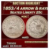 1853/4 arrow & rays Seated Liberty Quarter 25c ms6