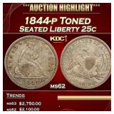1844-p Seated Liberty Quarter Toned 25c ms62 USCG