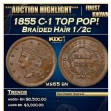 1855 Braided Hair Half Cent C-1 TOP POP! 1/2c ms65