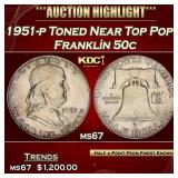 1951-p Franklin Half Dollar Toned Near Top Pop! 50
