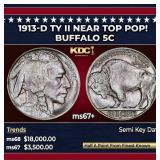1913-d Ty II Buffalo Nickel Near Top Pop! 5c ms67+