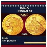 1914-d Gold Indian Half Eagle $5 ms64 USCG