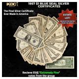 5x 1957 $1 Blue Seal Silver Certificates Grades XF