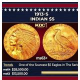 1913-s Gold Indian Half Eagle $5 ms63+ USCG
