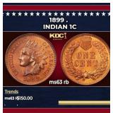 1899 Indian Cent . 1c Grades ms63 rb