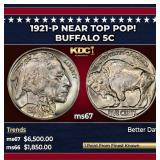 1921-p Buffalo Nickel Near Top Pop! 5c ms67 SEGS