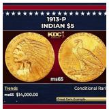 1913-p Gold Indian Half Eagle $5 ms65 USCG