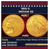 1915-s Gold Indian Half Eagle $5 ms62+ USCG