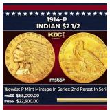 1914-p Gold Indian Quarter Eagle $2 1/2 ms65+ SEGS