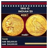 1910-d Gold Indian Half Eagle $5 ms65+ USCG