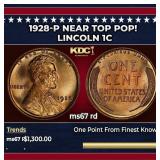 1928-p Lincoln Cent Near Top Pop! 1c ms67 rd SEGS