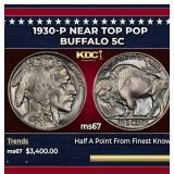 1930-p Buffalo Nickel Near Top Pop 5c ms67 SEGS