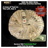 10x 1953 $5 Red Seal United States Note Grades XF
