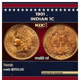 1901 Indian Cent . 1c Grades ms65 rd