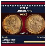 1921-p Lincoln Cent 1c ms67 rd SEGS
