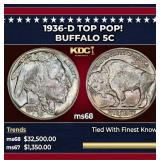 1936-d Buffalo Nickel TOP POP! 5c ms68 SEGS
