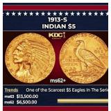 1913-s Gold Indian Half Eagle $5 ms62+ USCG