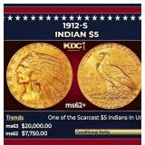 1912-s Gold Indian Half Eagle $5 ms62+ USCG