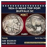 1924-d Buffalo Nickel Near Top Pop! 5c ms65+ SEGS