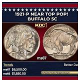 1921-p Buffalo Nickel Near Top Pop! 5c ms67 SEGS
