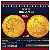 1915-s Gold Indian Half Eagle $5 ms63 USCG