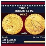 1908-p Gold Indian Quarter Eagle $2 1/2 ms65+ SEGS