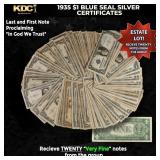 20x 1935 $1 Blue Seal Silver Certificates Grades V