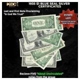 5x 1935 $1 Blue Seal Silver Certificates Grades AU