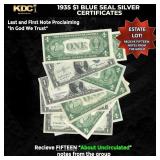 15x 1935 $1 Blue Seal Silver Certificates Grades A