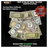 5x 1957 $1 Blue Seal Silver Certificates Circulate