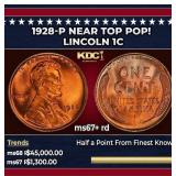 1928-p Lincoln Cent Near Top Pop! 1c ms67+ rd SEGS