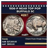1936-p Buffalo Nickel Near Top Pop 5c ms67+ SEGS