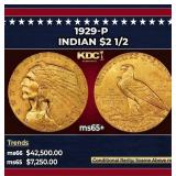 1929-p Gold Indian Quarter Eagle $2 1/2 ms65+ SEGS
