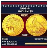 1908-p Gold Indian Half Eagle $5 ms65+ USCG