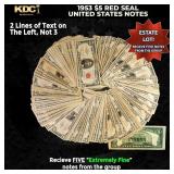 5x 1953 $5 Red Seal United States Note Grades XF