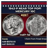1943-p Mercury Dime Near Top Pop! 10c ms67+ fsb SE