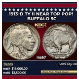 1913-d Ty II Buffalo Nickel Near Top Pop! 5c ms67