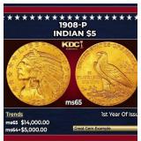 1908-p Gold Indian Half Eagle $5 ms65 USCG